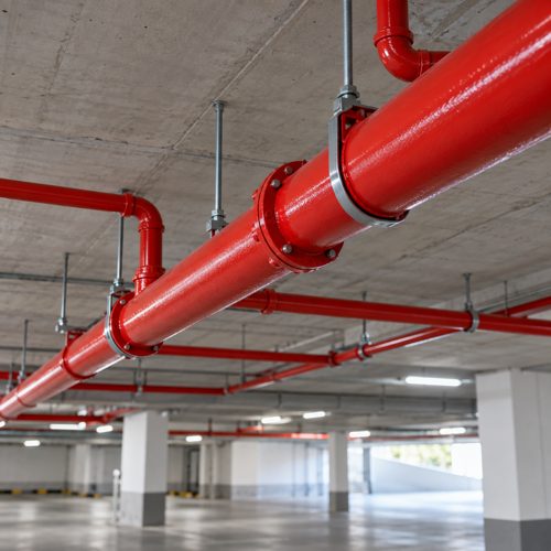Tuberías de red seca pintadas rojo en estacionamiento