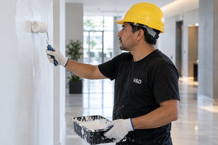 Trabajador V&D con casco pintando muro blanco con rodillo